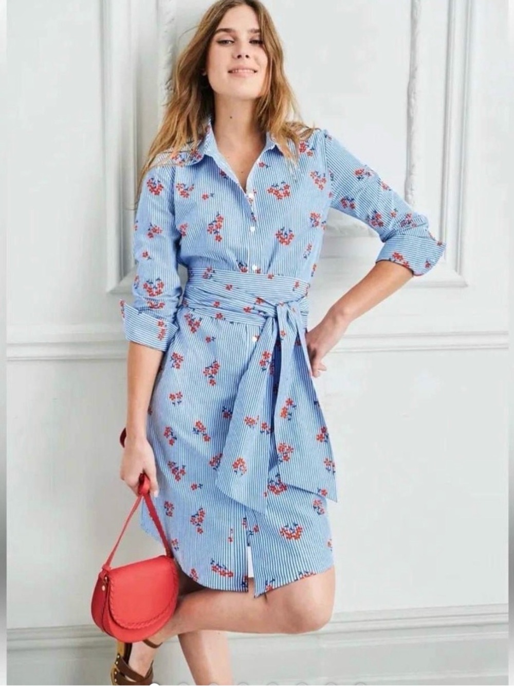 Boden Modern Shirt Blue Pinstripe Floral Size 6R Collared Dress